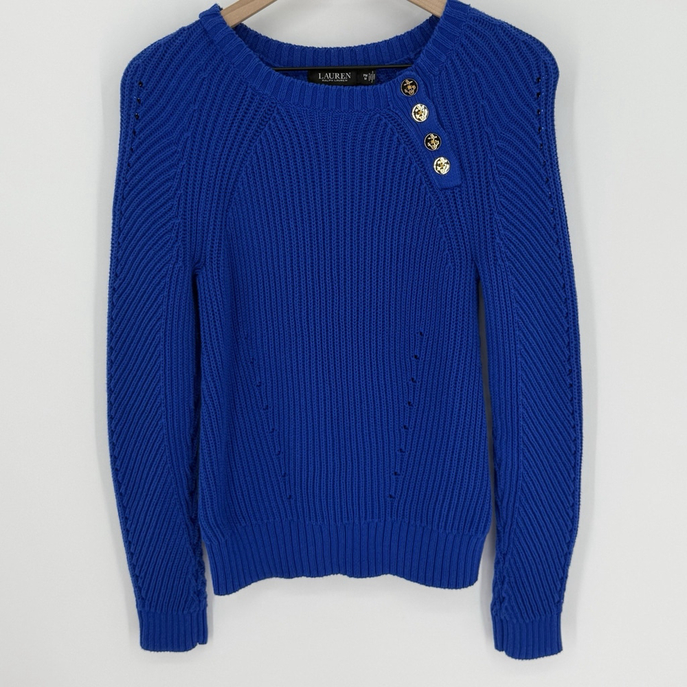 Ralph Lauren Black label Blue Knit Sweater Gold Nautical Buttons Petite Medium